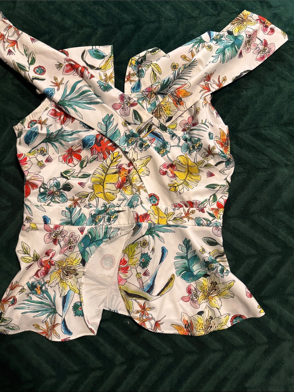 Lulumari White Tropical Floral Cross-Back Peplum Top
